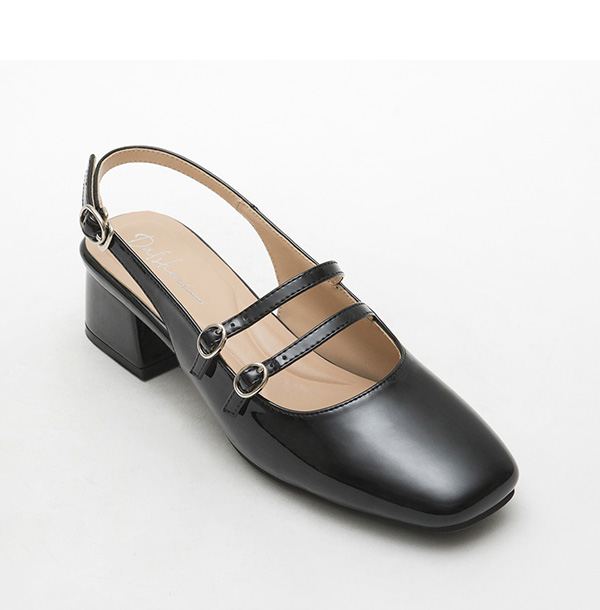 Patent Leather Double Strap Low-Heel Slingback Mary Jane Shoes Black