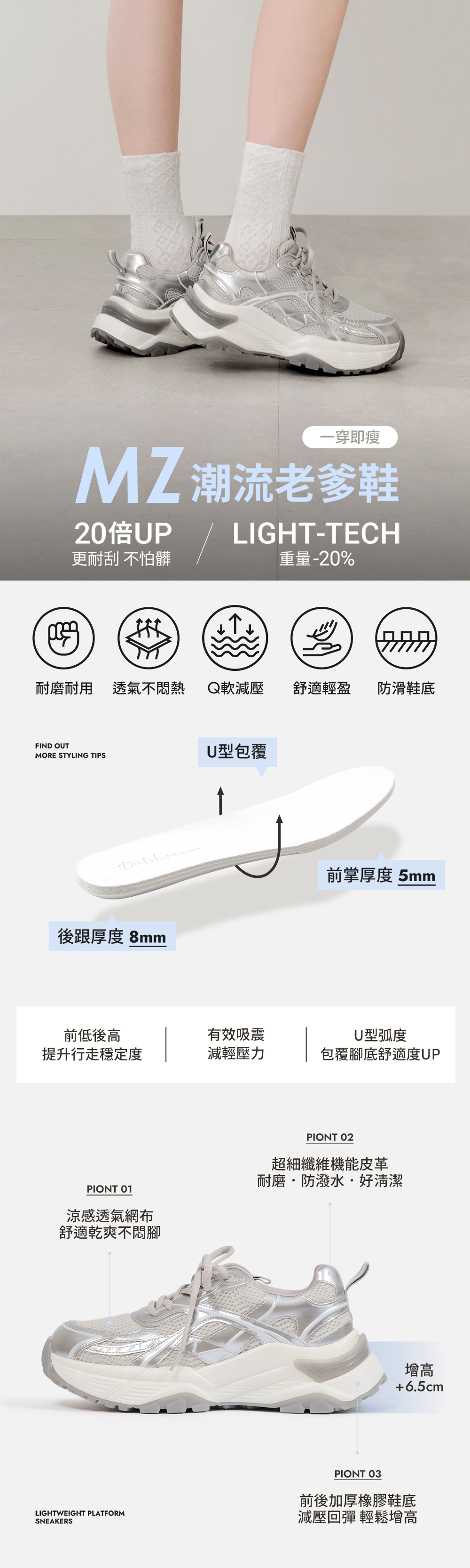 韓系科技感輕量增高運動鞋 銀