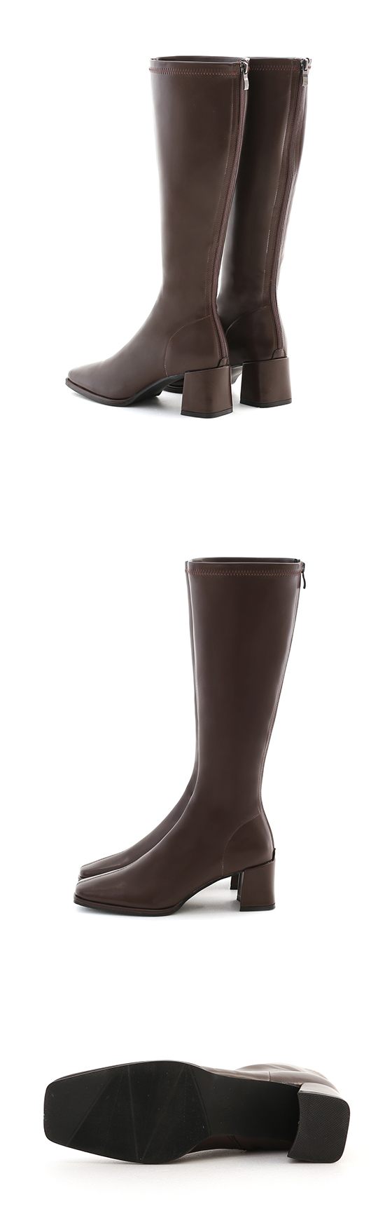 Plain Square Toe High-Heel Slimming Tall Boots Dark Brown