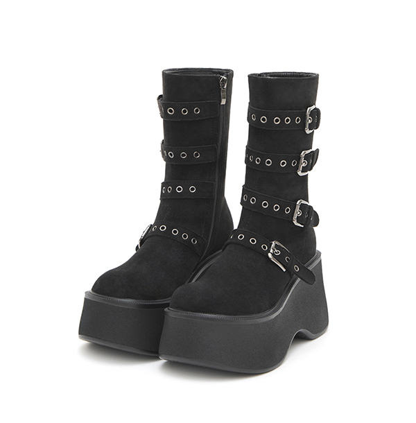 Multi-Buckle Platform Ankle Boots 黑絨