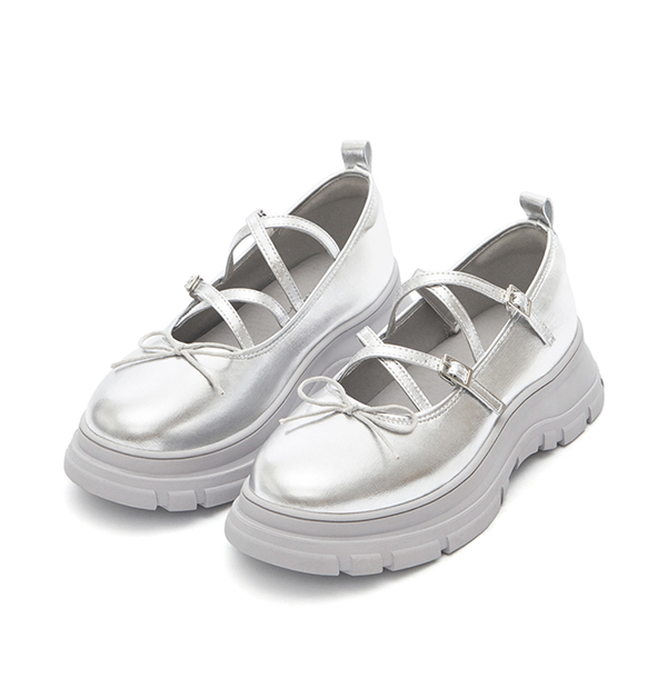 浪漫圈粉蝴蝶結交叉帶瑪莉珍鞋 銀