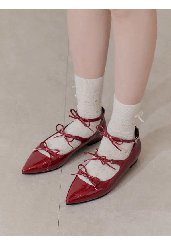 Gothic Bow Triple-Strap Pointed Shoes Red