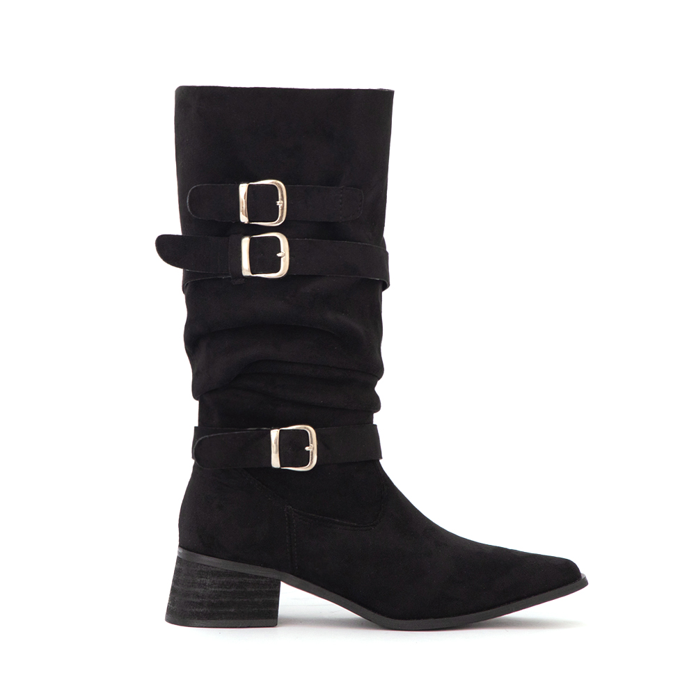 全場焦點絨面釦環尖頭中筒靴 黑色