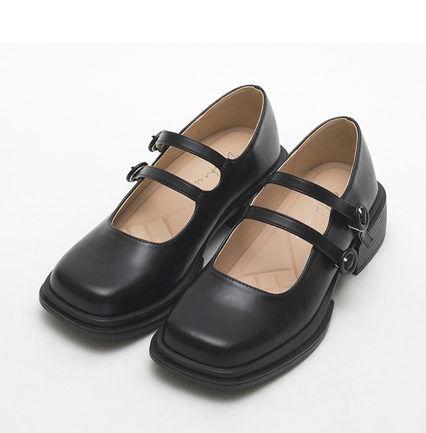 Double-Strap Square Toe Mary Jane Shoes Black