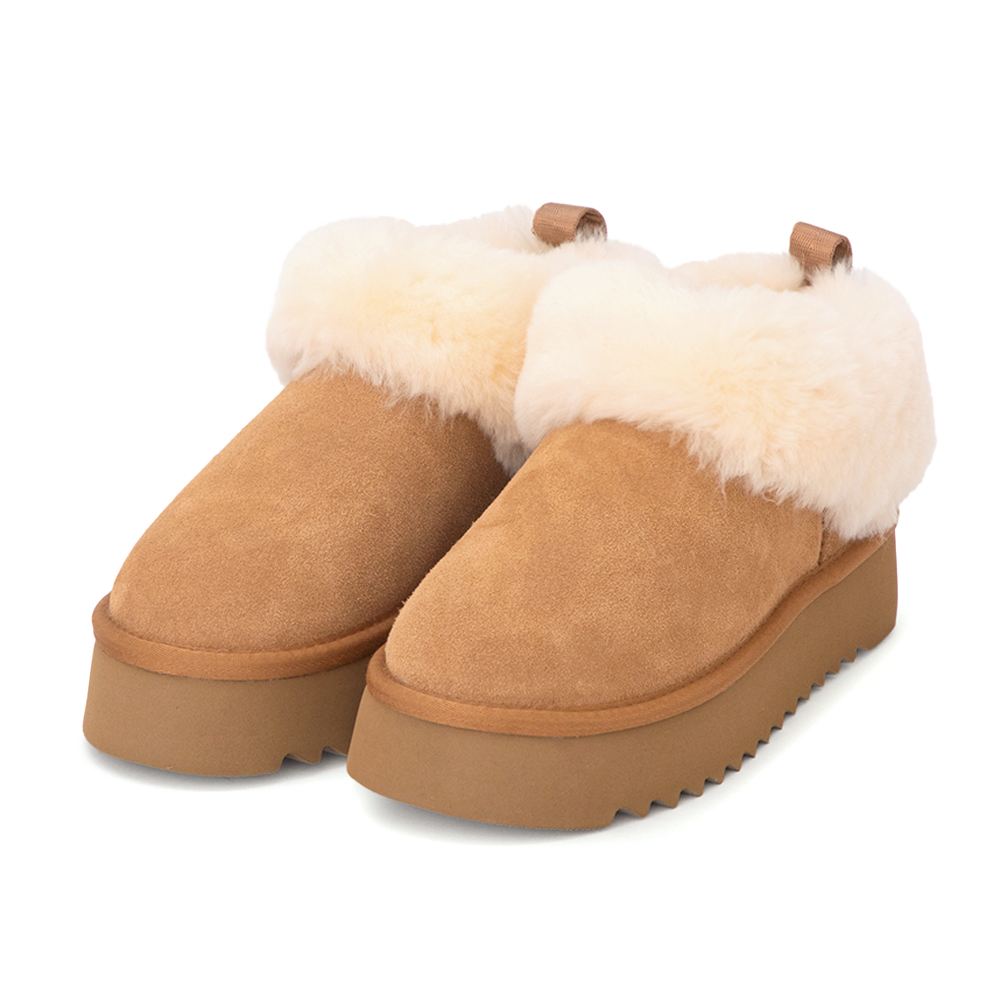暖暖泡芙厚底翻毛真皮雪靴 駝色