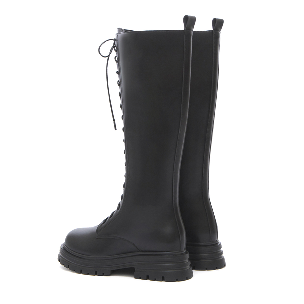 Platform Sole Lace-Up Combat Long Boots Black