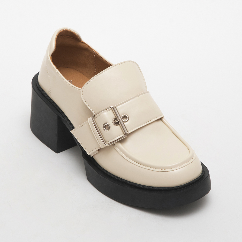 Big Buckle Thick Sole High Heel Loafers Vanilla