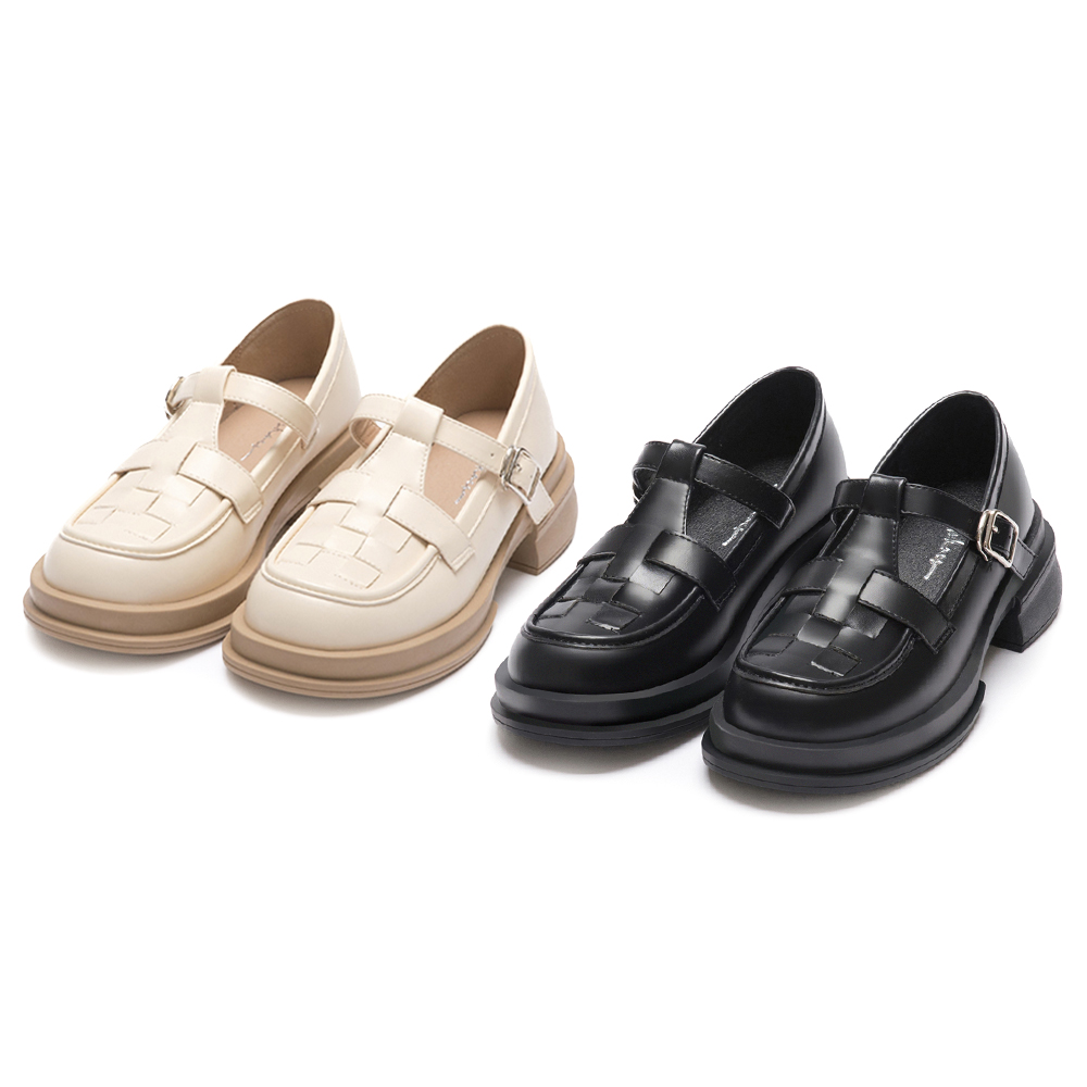 日系女孩．格子編織T字低跟瑪莉珍鞋 時尚黑