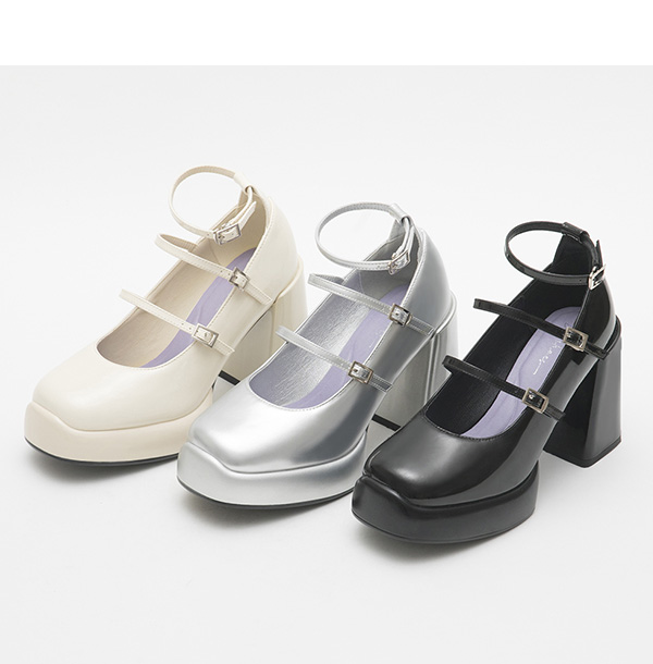 Three-Straps Platform Heel Mary Jane Shoes 科技銀