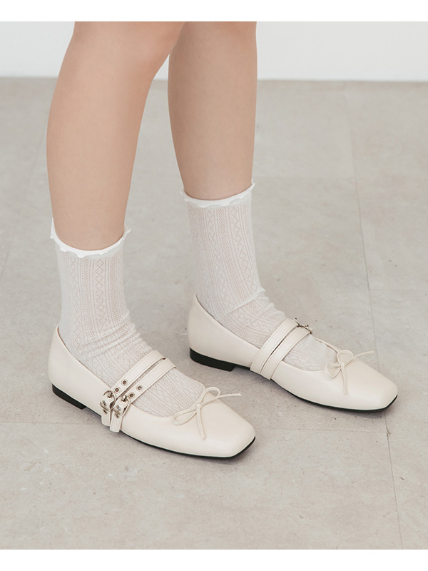 Punk Metal Double Buckle Ballet Flats White