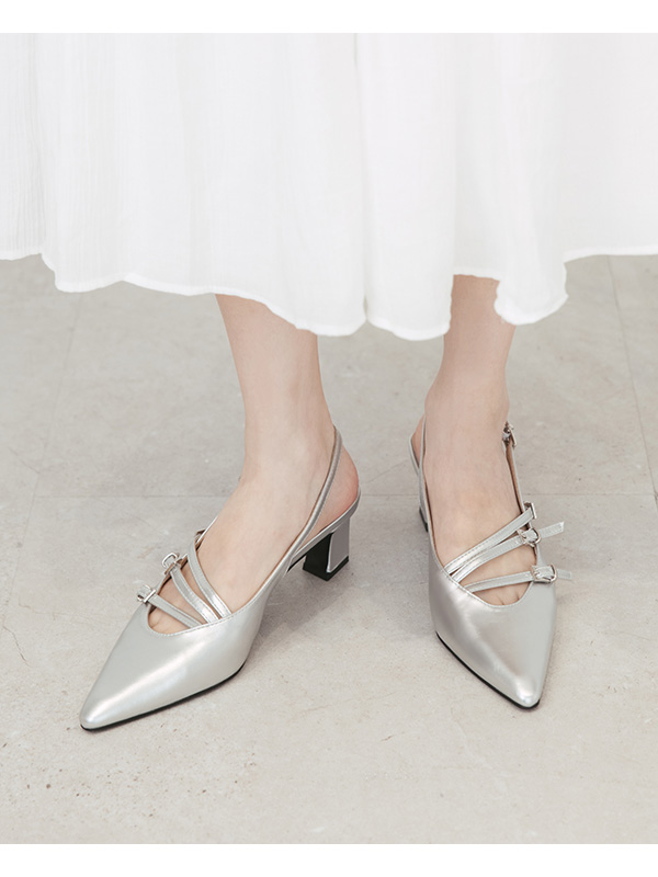 Three-Strap Pointed-Toe Slingback Heels Silver