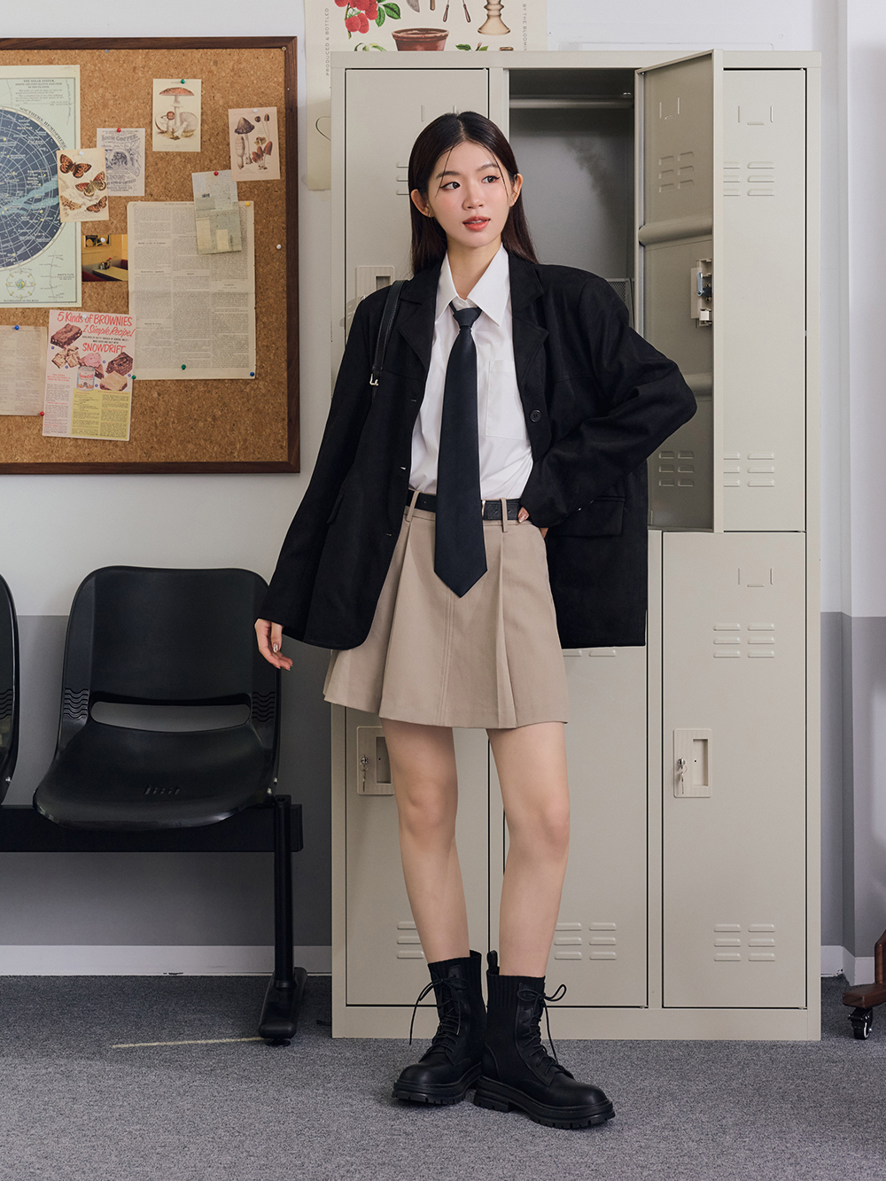 個性boy風針織拼接綁帶短靴 黑色