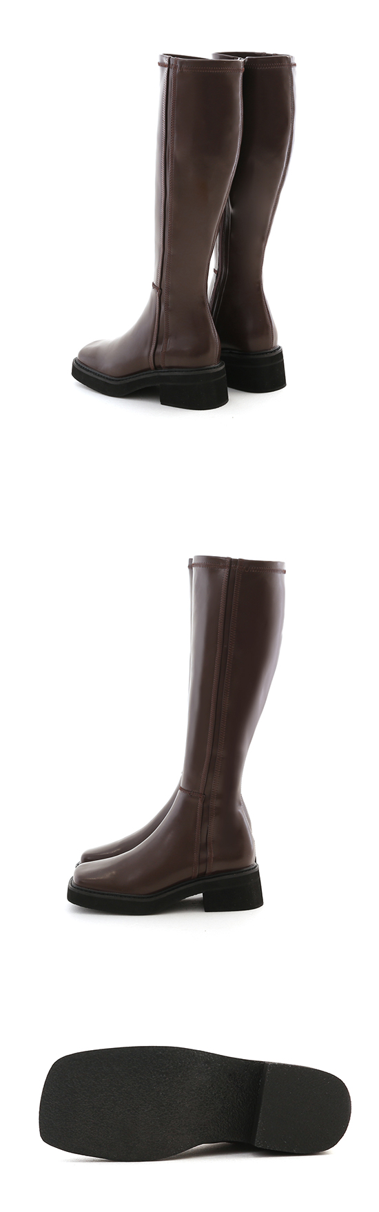Stitched Square Toe Thick Sole Tall Boots Dark Brown
