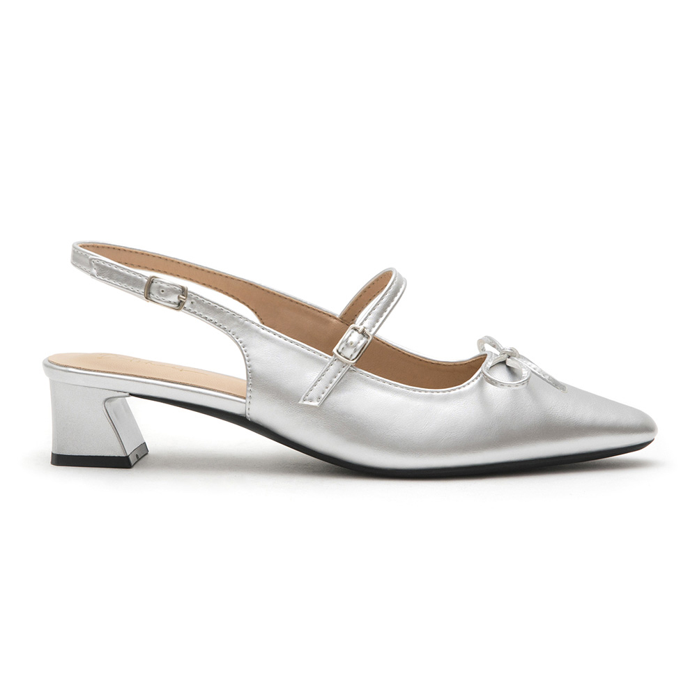 Bow Tie Pointed Toe Slingback Heels Silver