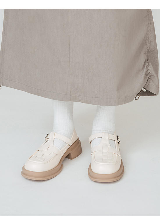 日系女孩．格子編織T字低跟瑪莉珍鞋 香草米