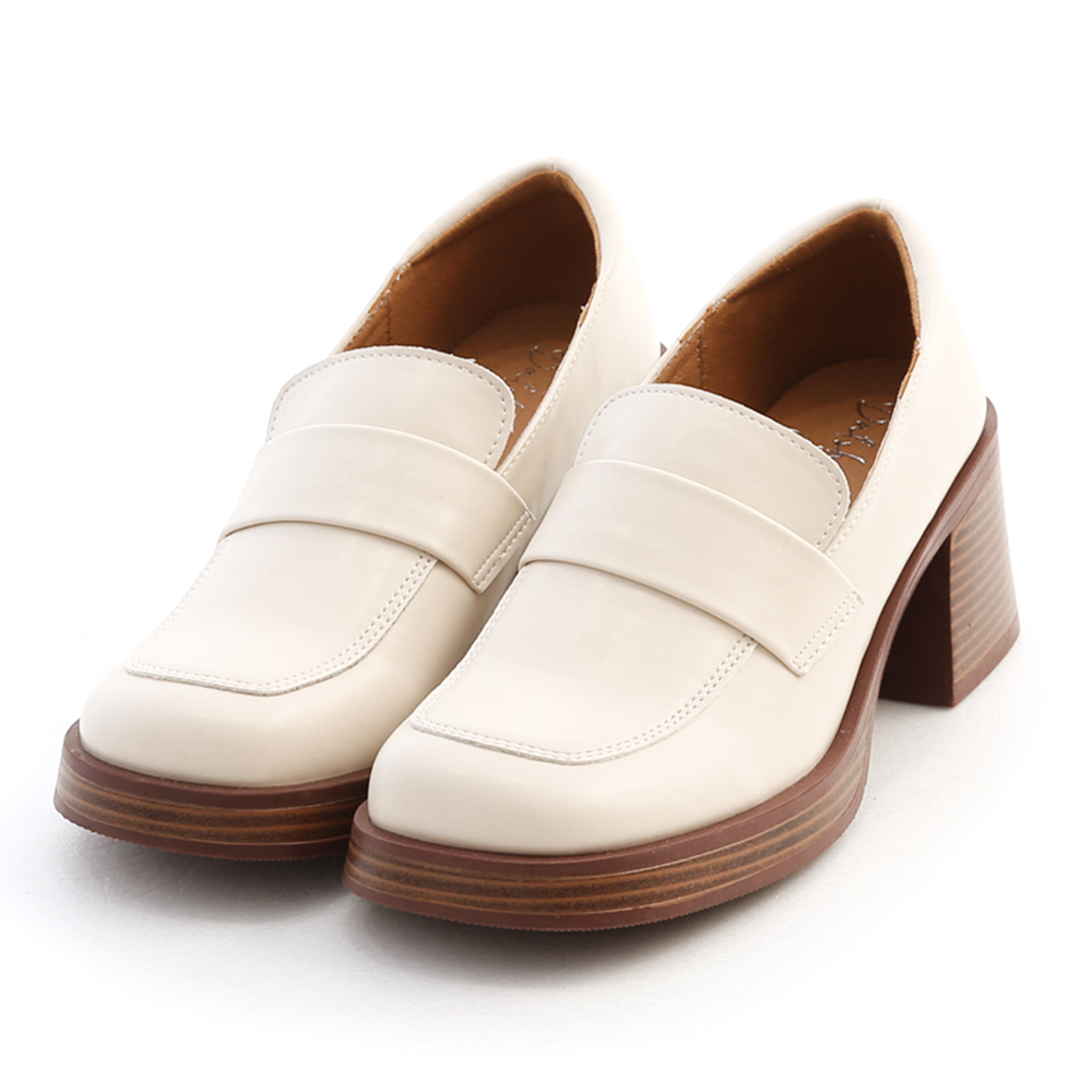 Classic Wooden High Heel Loafers Vanilla