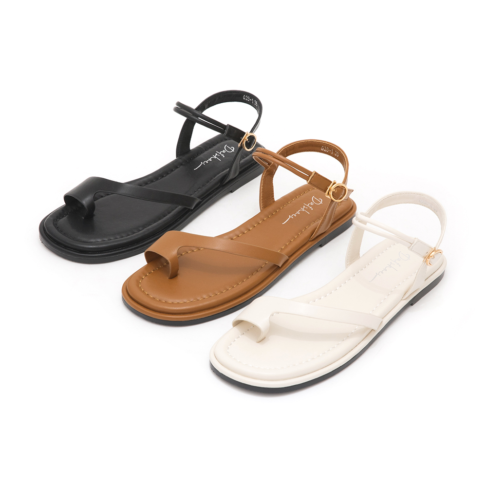 Chic Style Diagonal Strap Toe-Loop Flat Sandals 棕