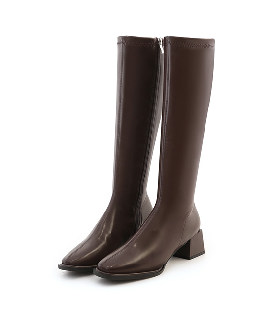 Plain Square Toe Mid-Heel Slimming Boots Dark Brown