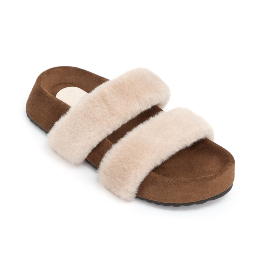 軟萌毛毛一字雙帶厚底拖鞋 杏色