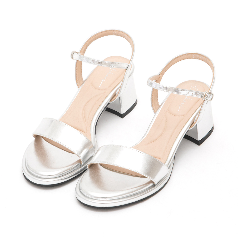 Single Strap Round Toe Mid-Heel Sandals Silver