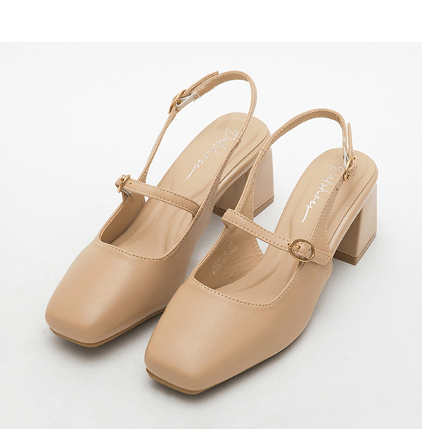 4D Cushioned Square Toe Mid-Heel Mary Jane Shoes 裸粉