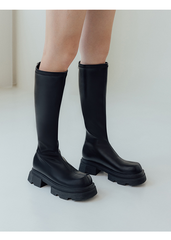 Plain Thick Sole Slimming Tall Boots Black