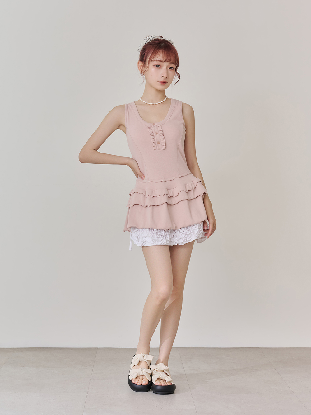 可愛雙蝴蝶結胖胖底氣墊拖鞋 米