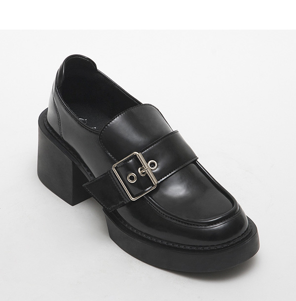 Big Buckle Thick Sole High Heel Loafers Black