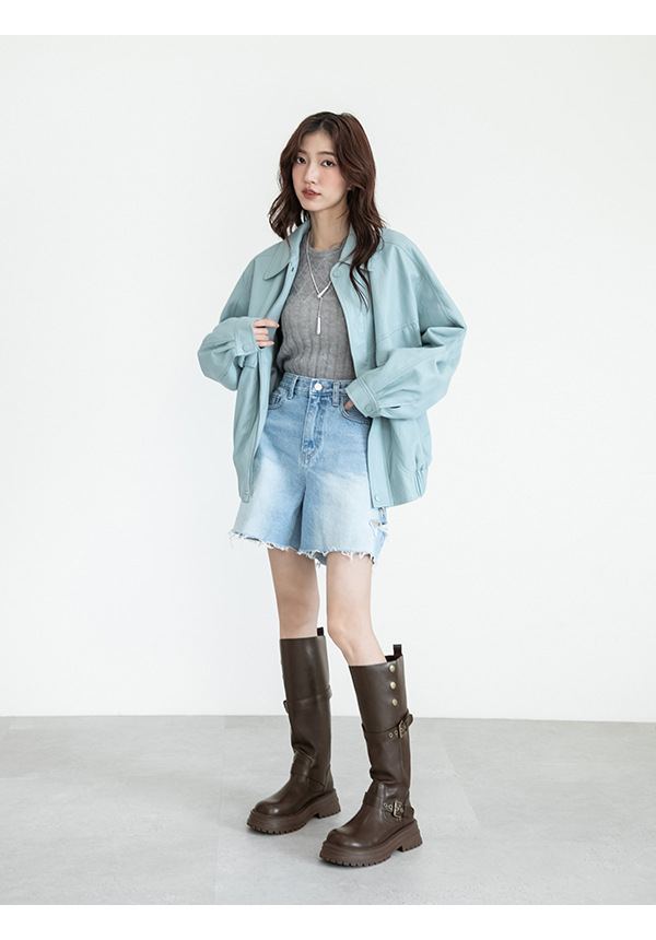 復古騎士釦環排釦機車長靴 咖啡