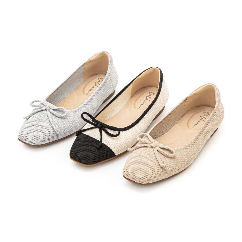 【3D零感雲織鞋】蝴蝶結方頭芭蕾鞋 密茶杏