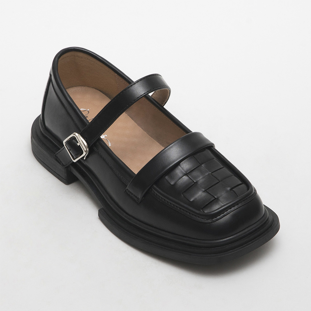 Chekered Woven Loafer Mary Jane Shoes Black