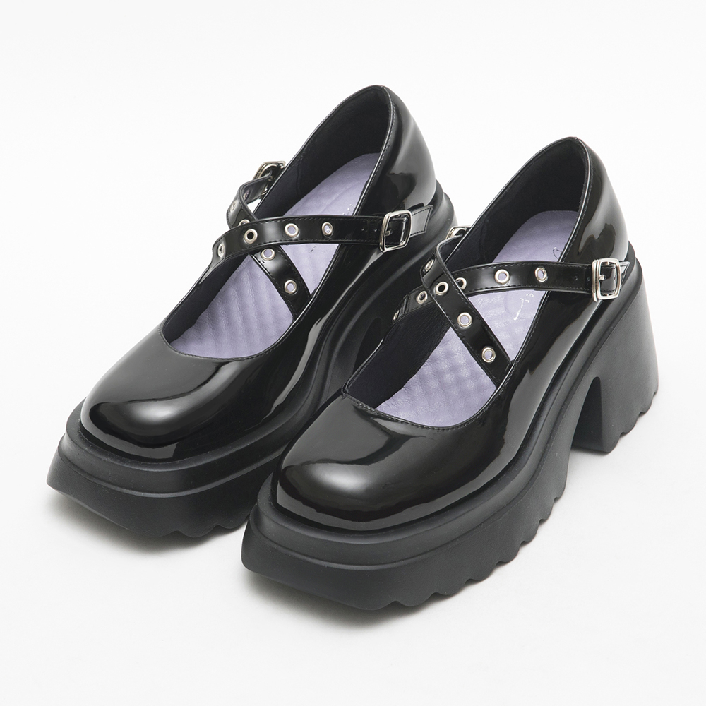 Metallic Cross-Straps Thick Sole Mary Jane Shoes 漆皮黑
