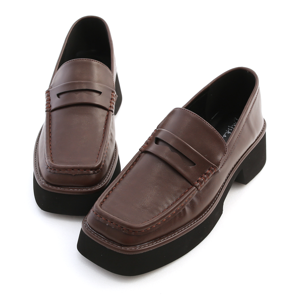 Square Toe Bulky Penny Loafers Dark Brown