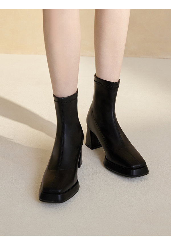 Plain Square Toe Platform High-Heel Slimming Boots Black