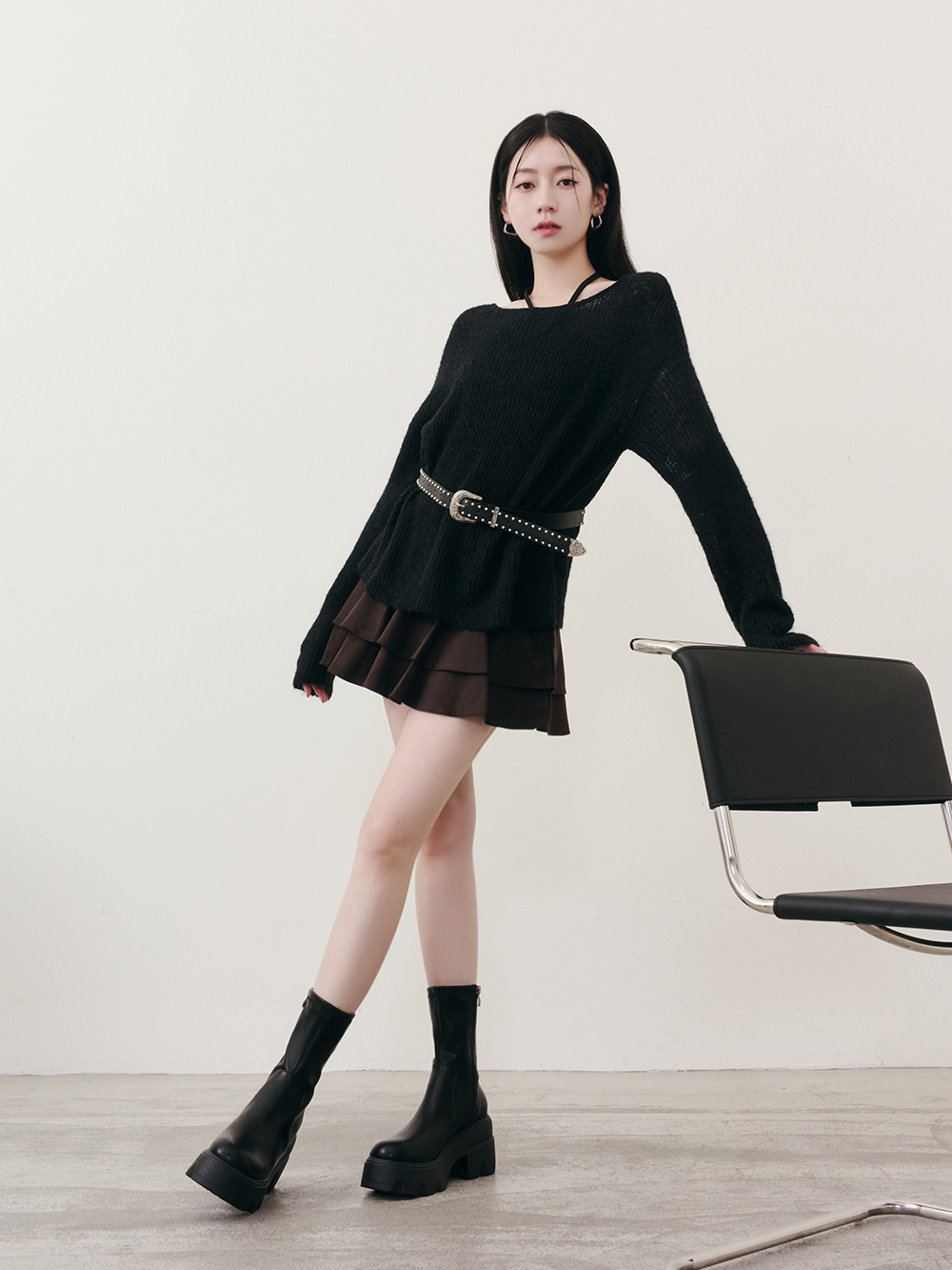 演唱會必備9.5cm輕量厚底瘦瘦短靴 黑色