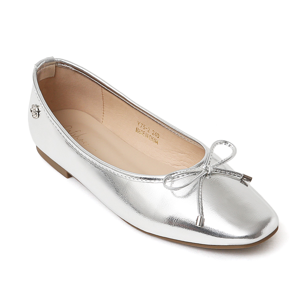 浪漫花釦．小蝴蝶結平底芭蕾娃娃鞋 百搭銀