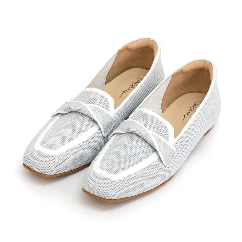 【3D零感雲織鞋】雙色拼接扭結方頭樂福鞋 象牙灰