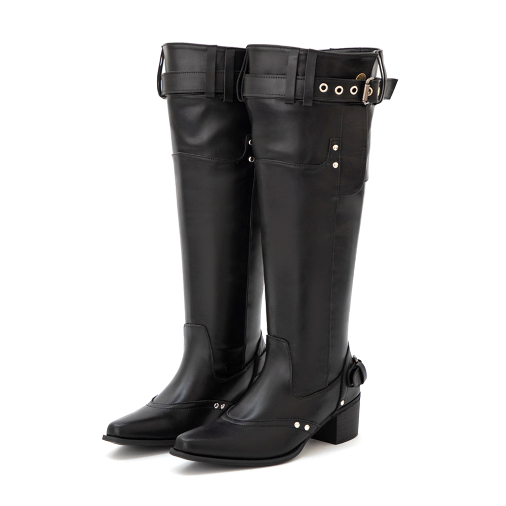 流浪風褲型剪裁尖頭寬筒靴 黑色