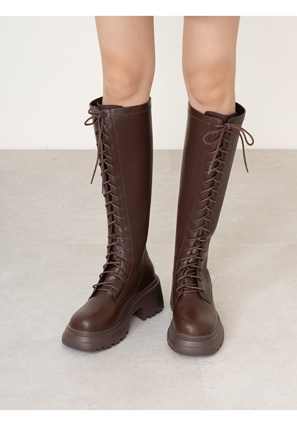 女團風輕量厚底綁帶長靴 咖啡色