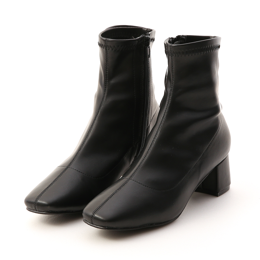 秋冬定番．素面合腿中跟方頭襪靴 時尚黑