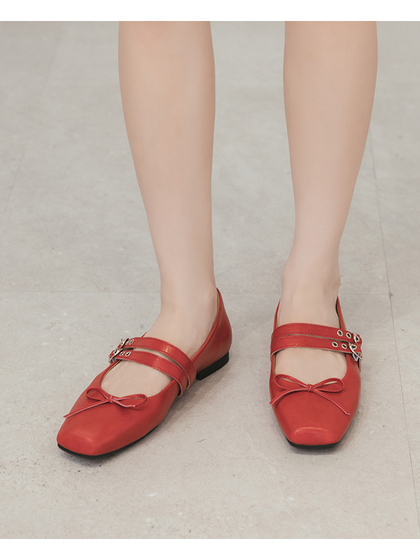 Punk Metal Double Buckle Ballet Flats 紅