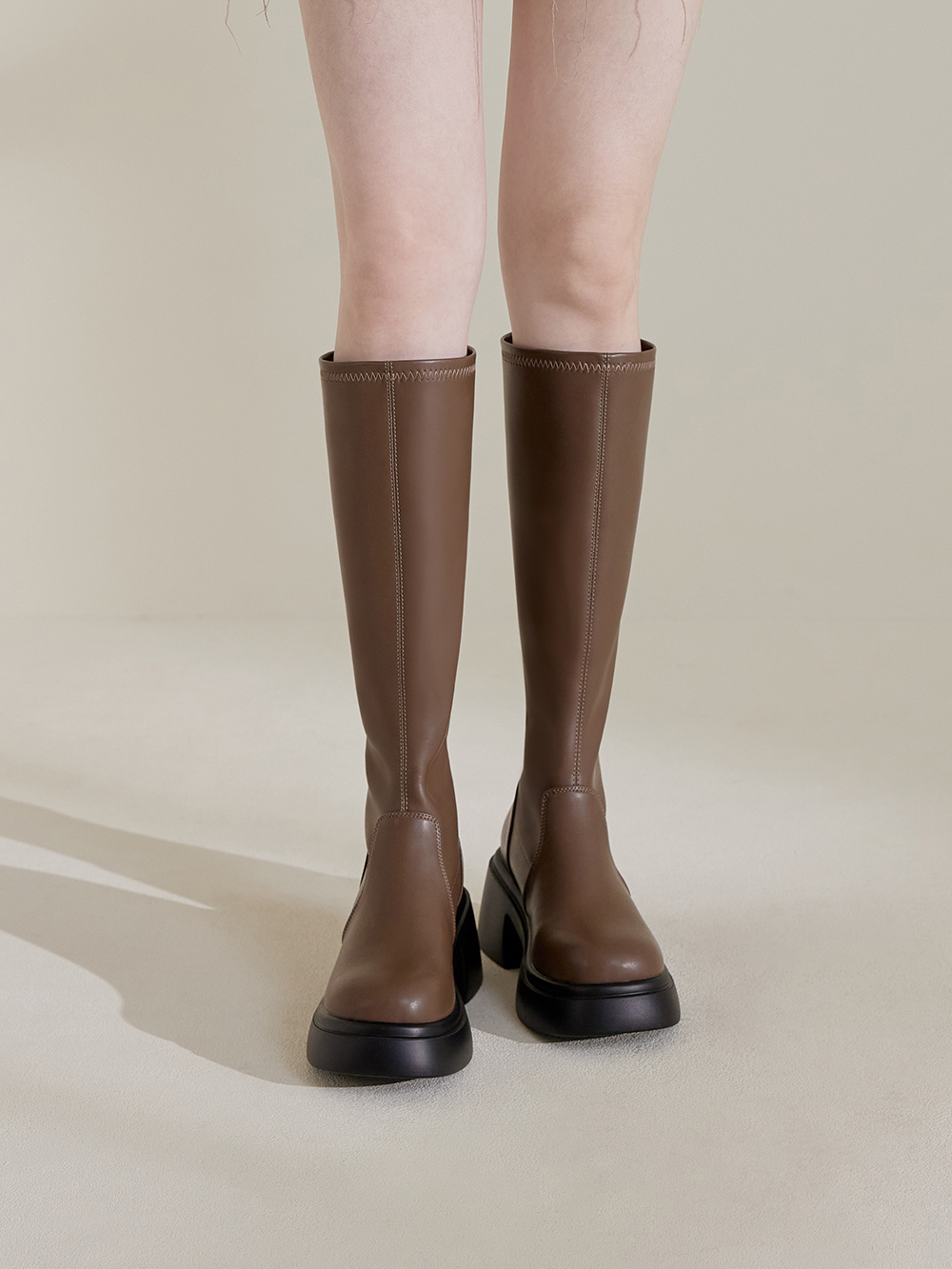 明星舞台．輕量加厚底瘦瘦長靴 潮流棕