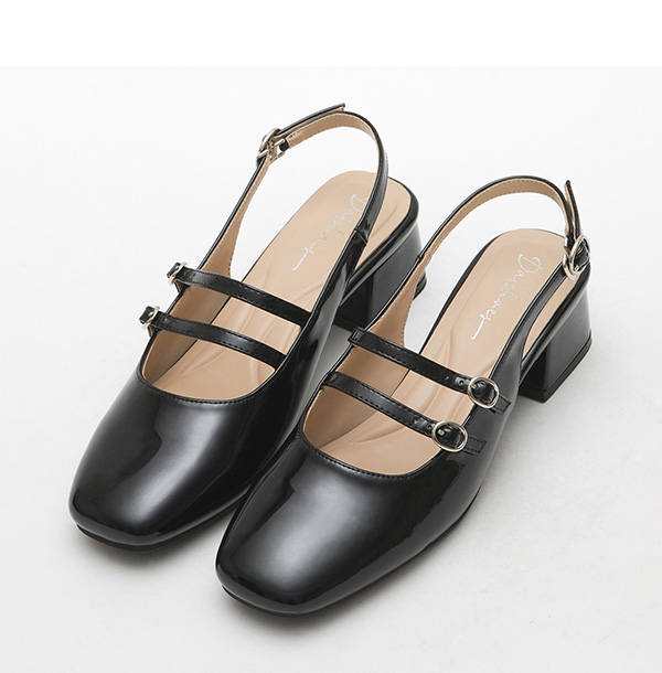 Patent Leather Double Strap Low-Heel Slingback Mary Jane Shoes Black