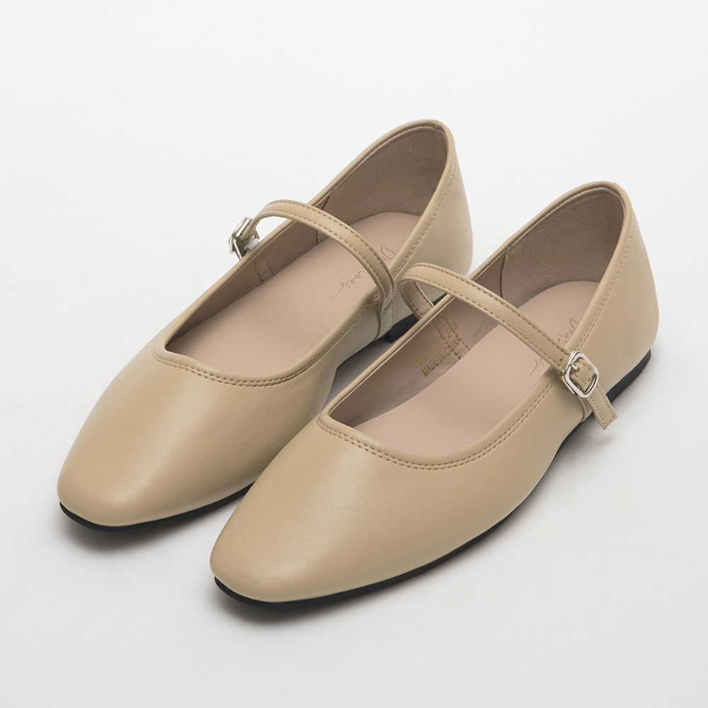 Soft Strappy Flat Mary Jane Shoes Almond