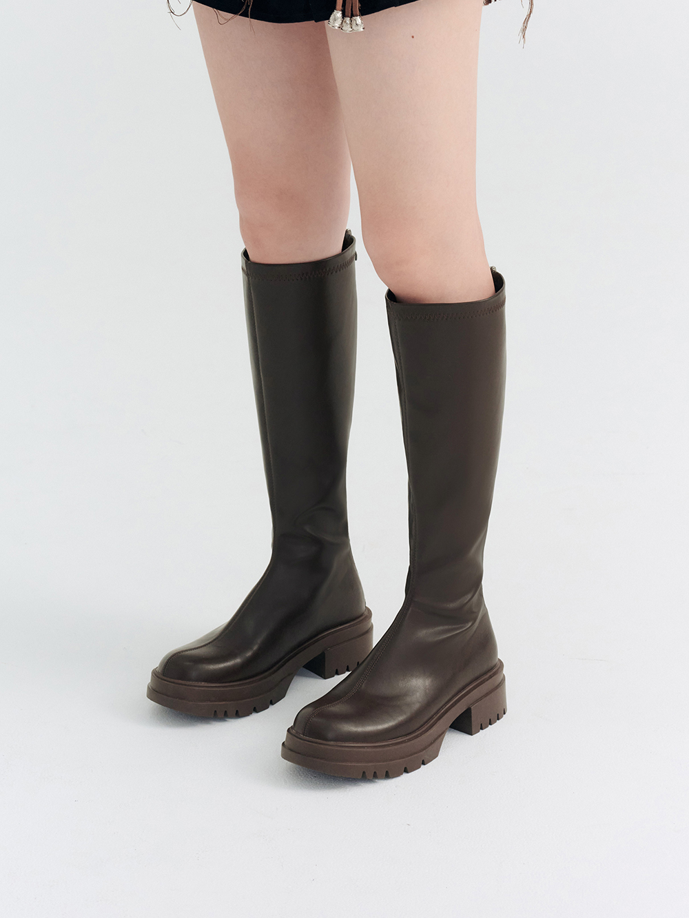 韓團指標.百搭素面厚底瘦瘦長靴 復古咖