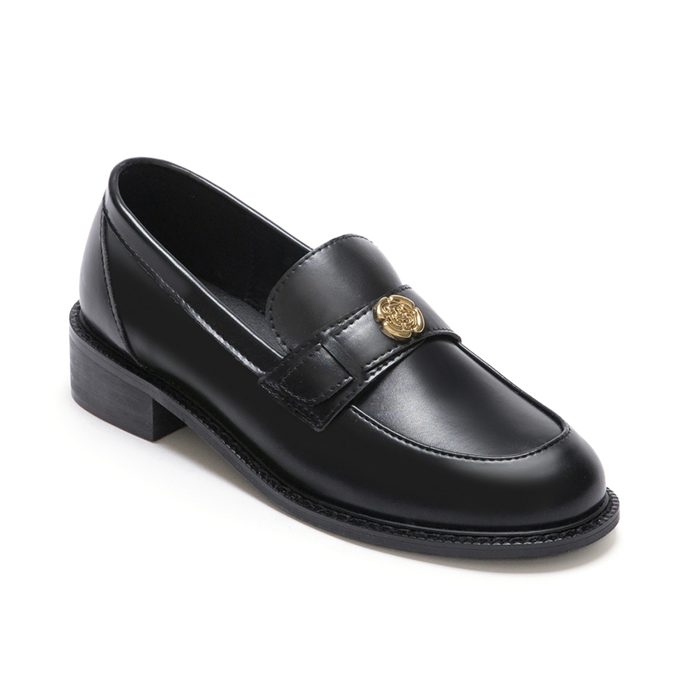 優雅少女．山茶花金飾低跟樂福鞋 時尚黑