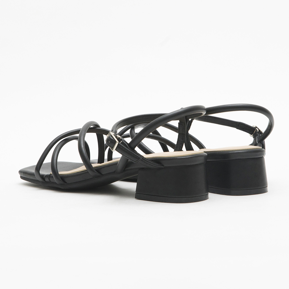 Cross-Strap Square Toe Mid-Heel Sandals Black