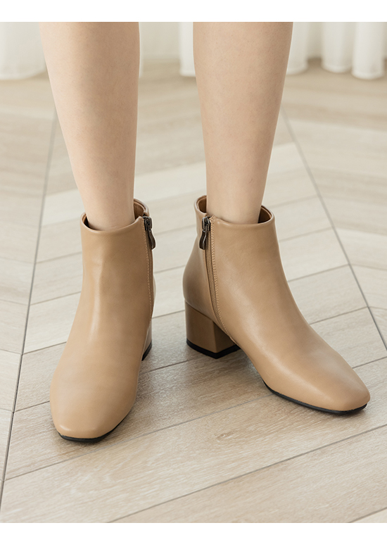 Square Toe Block Heel Ankle Boots Beige