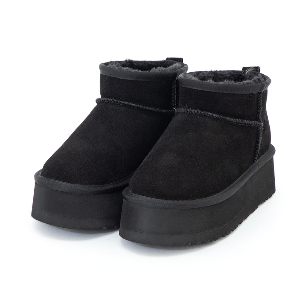 冬戀5cm增高底真皮短筒雪靴 時尚黑