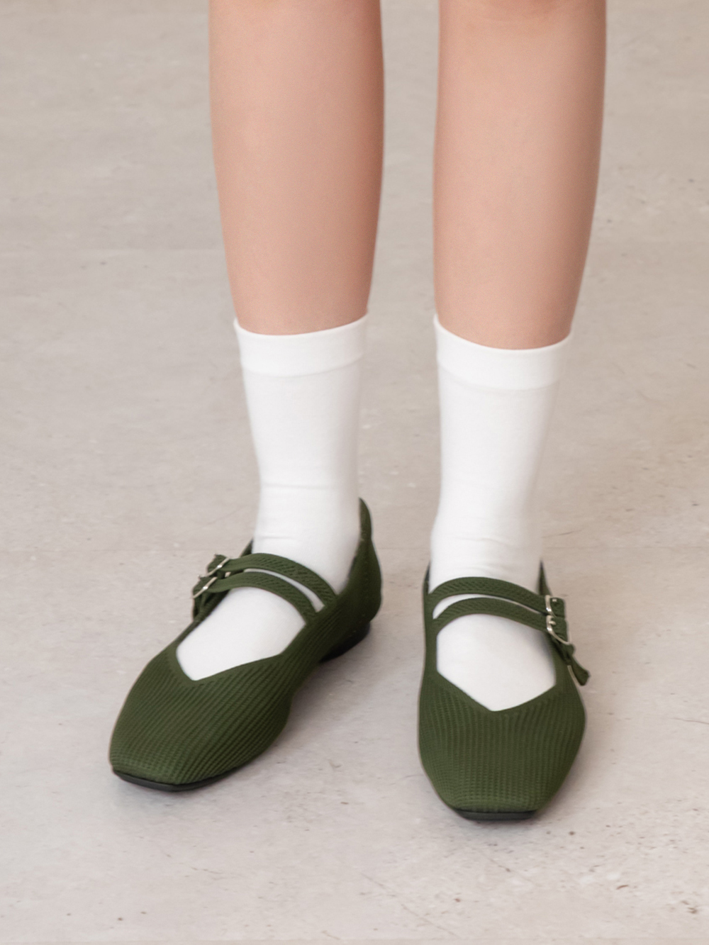 【3D零感雲織鞋】雙帶方頭瑪莉珍鞋 橄欖綠